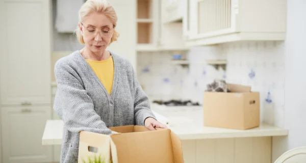 senior woman packing belongings to downsize
