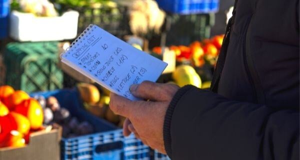 senior looking at a grocery list
