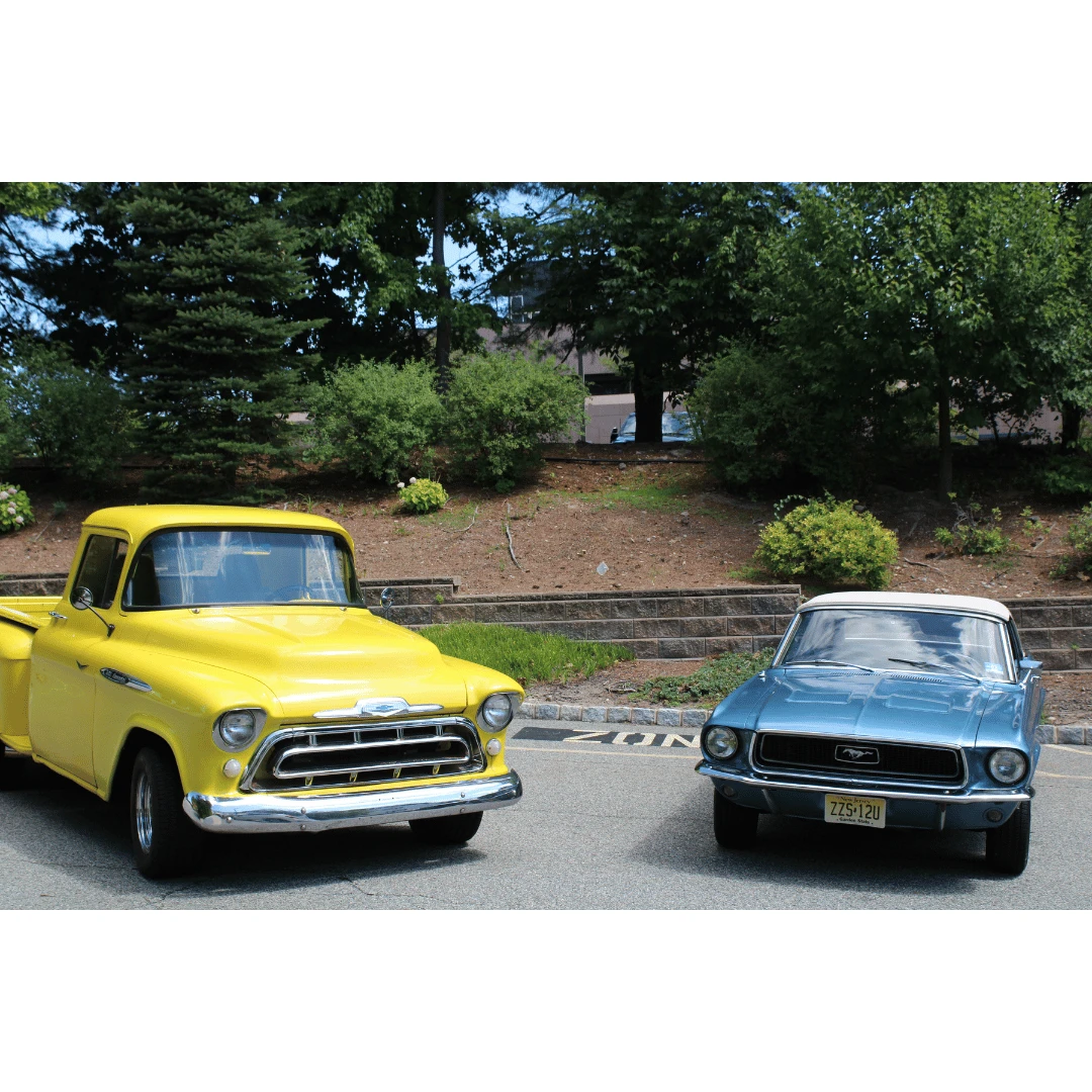The Bristal at Woodcliff Lake hosted a classic car show featuring a Yellow Chevy Pick-up and Blue Mustang Convertible.