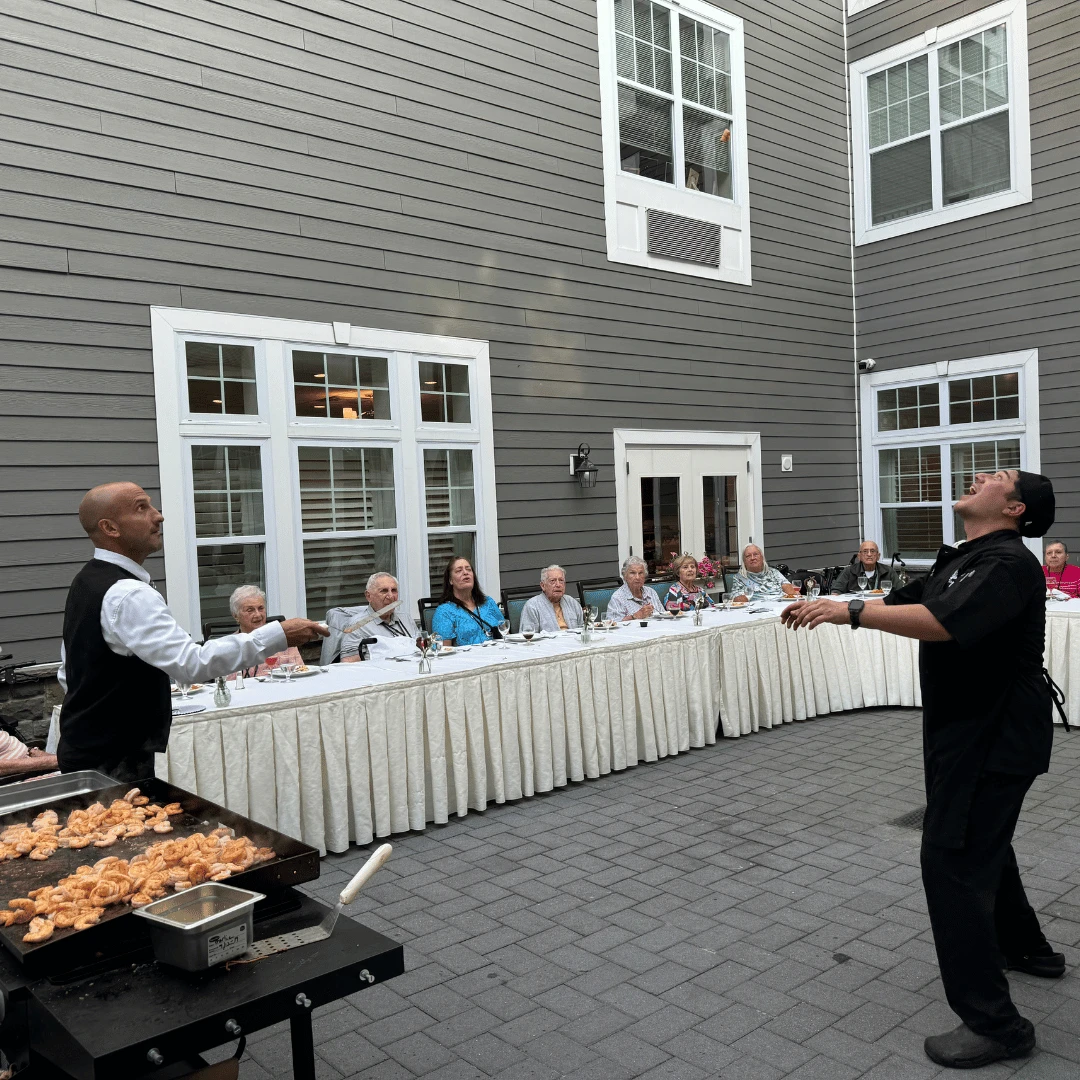 Hibachi dinner on the patio at The Bristal Assisted Living at Wayne was both dinner and a show.