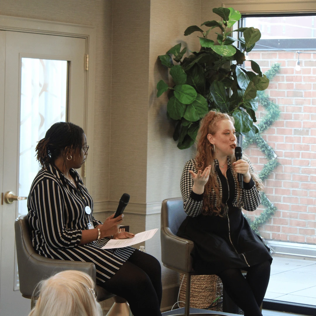 Author and moderator on stage at The Bristal at York Avenue