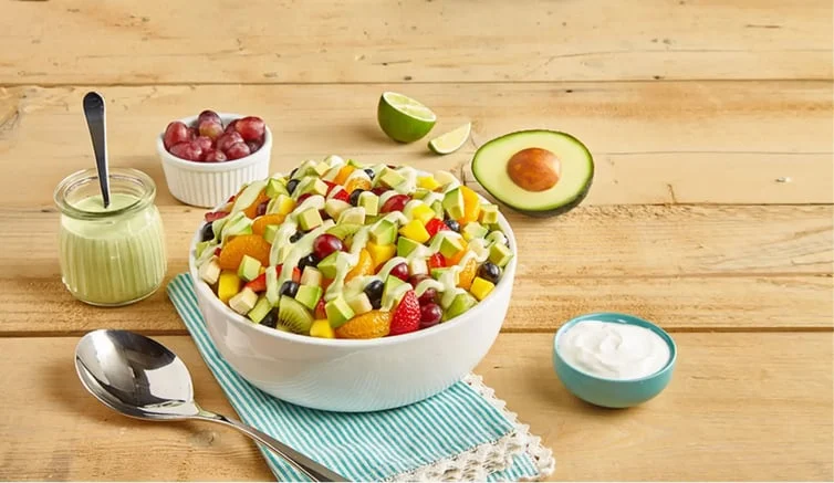 Fruit Salad with Avocado Coconut Lime Dressing