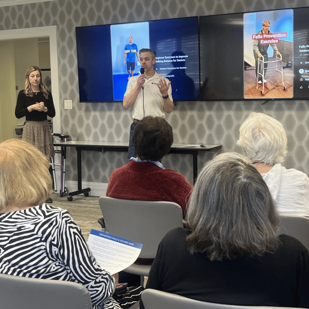 speaker reviews safety techniques and exercises for lowering fall risk