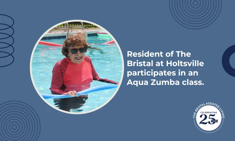 Resident of The Bristal at Holtsville participates in an Aqua Zumba class.