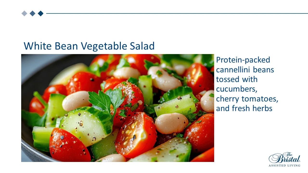 white bean vegetable salad at The Bristal features cucumbers, tomatoes and herbs with cannellini beans