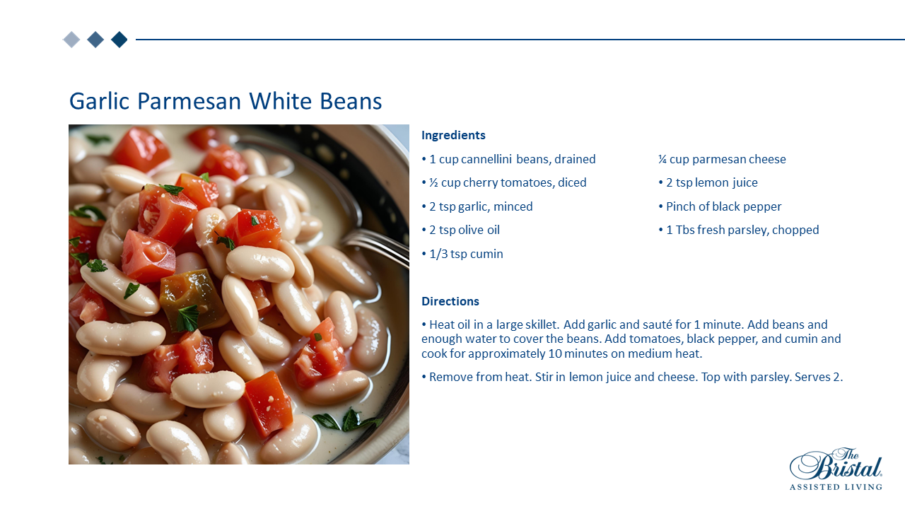 The Bristal recipe for Garlic Parmesan White Beans, a savory nutritious side for seniors