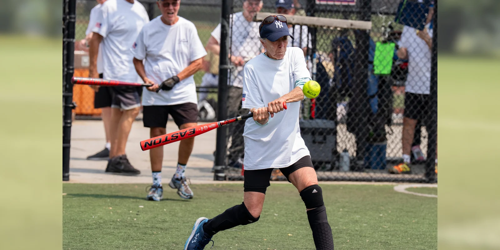 The Bristal All-Stars 2026 Senior Softball: Player for the Yankees takes a swing