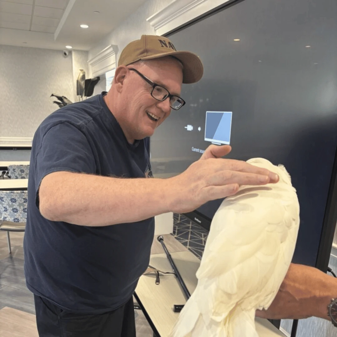 One Bethpage resident pets a shy cockatoo at the Wings of the World program