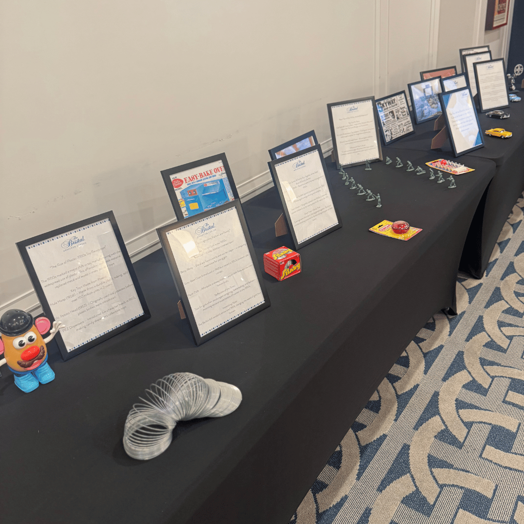 Exhibits of toys, games, and household items from the 1950s at The Bristal at Waldwick