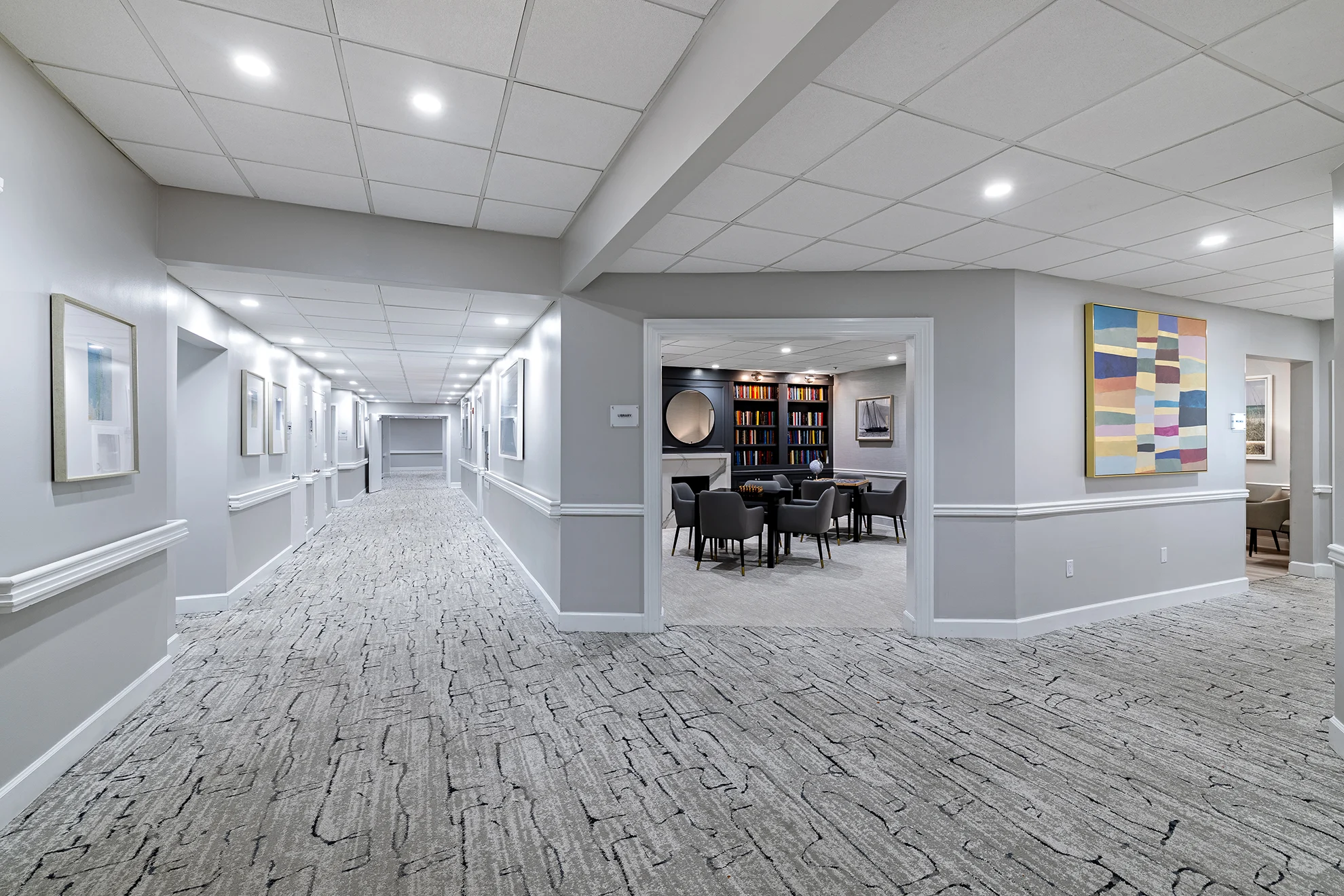 Hallway and Library at The Bristal at Lynbrook