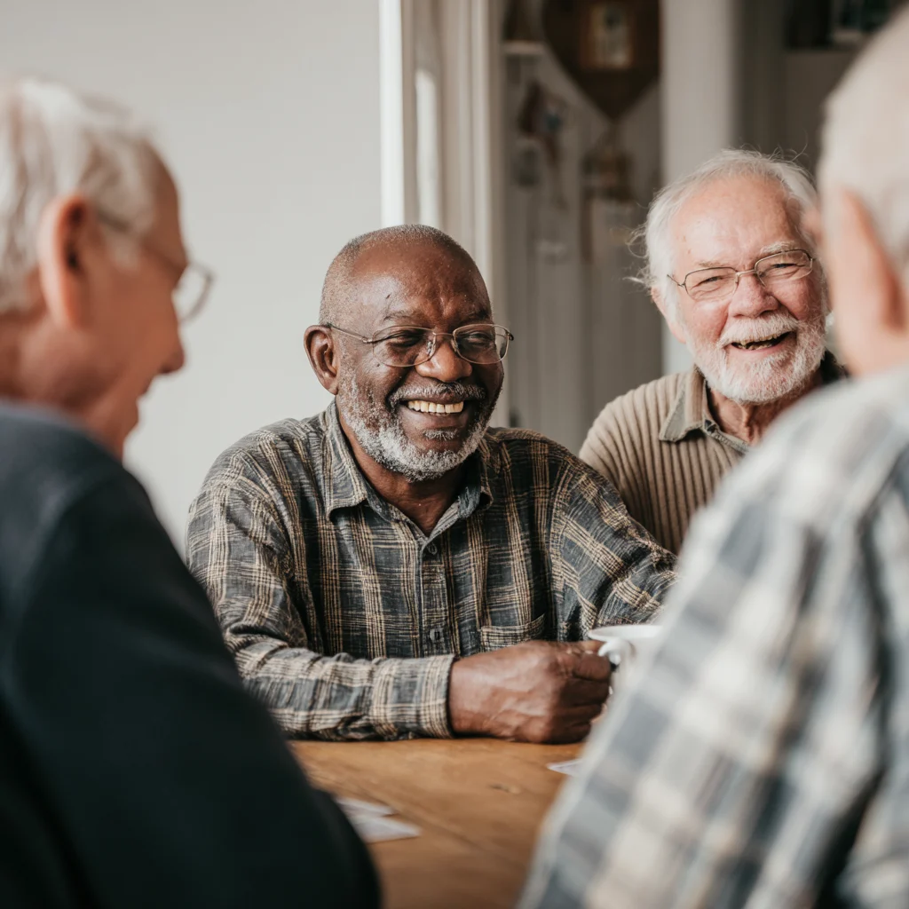 Male residents of The Bristal sit together in a group laughing and socializing