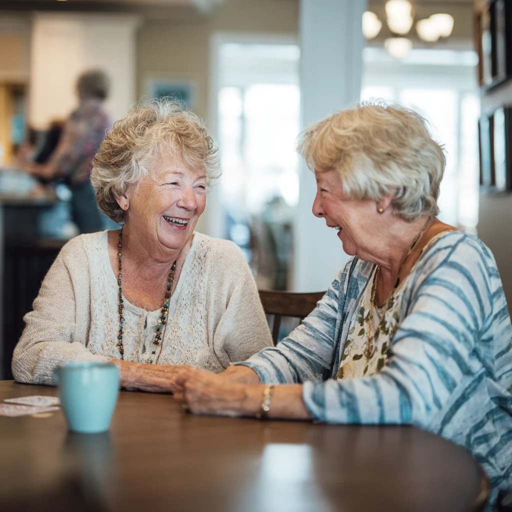 You're invited to experience The Bristal Open House Saturday and Sunday June 6 and 7 | two residents of The Bristal sit together at a table smiling and drinking coffee
