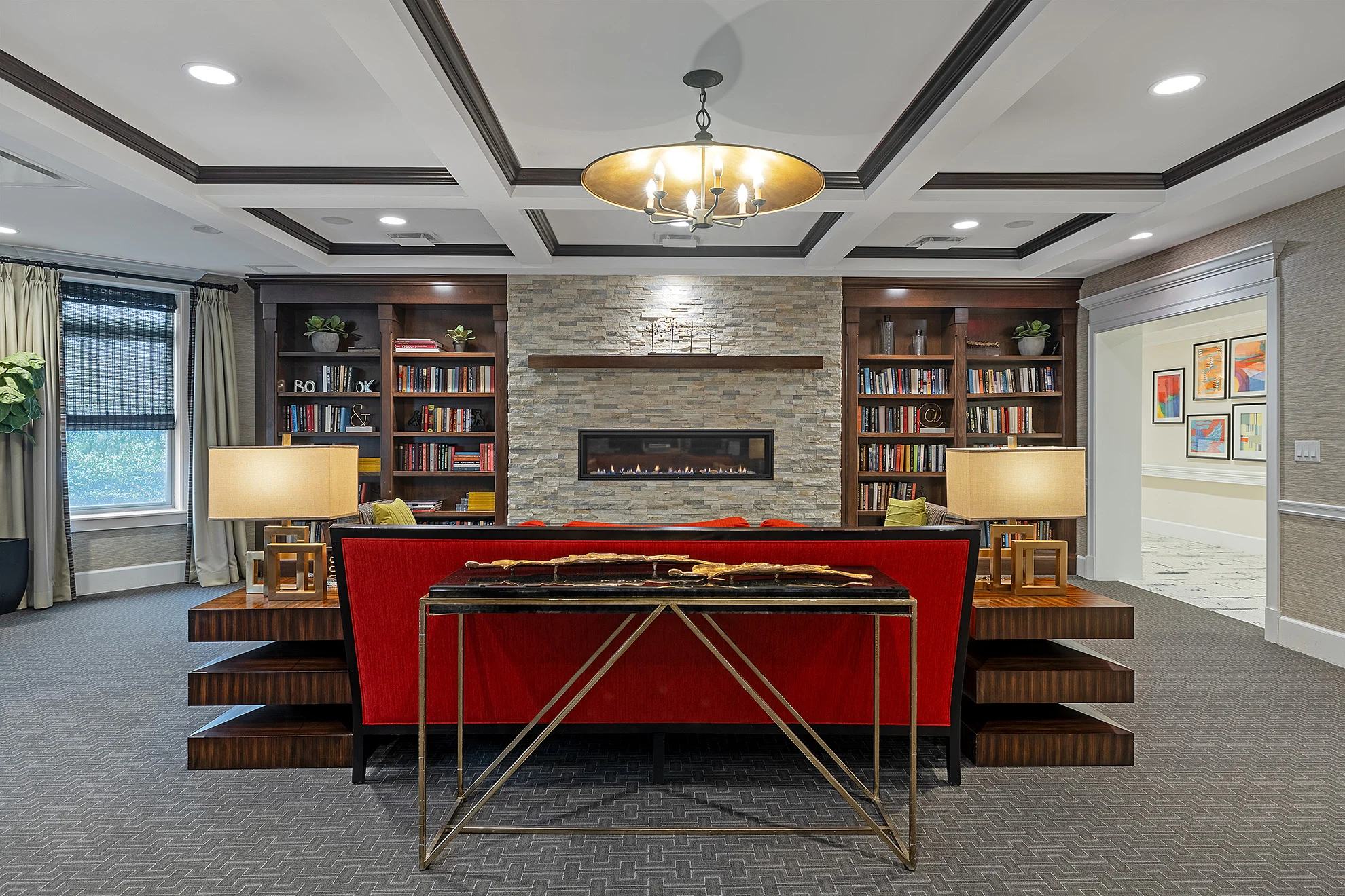 The Bristal at Garden City_Library_facing fireplace