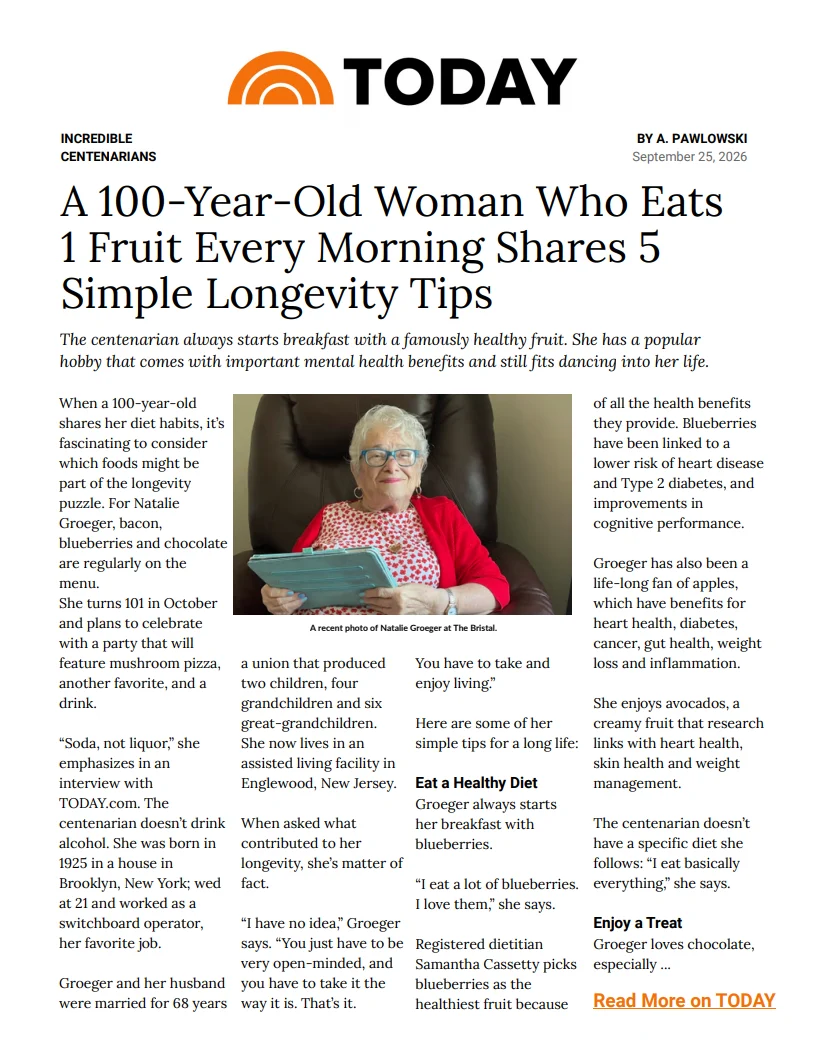 TODAY.com coverage of Natalie from The Bristal at Englewood and longevity
